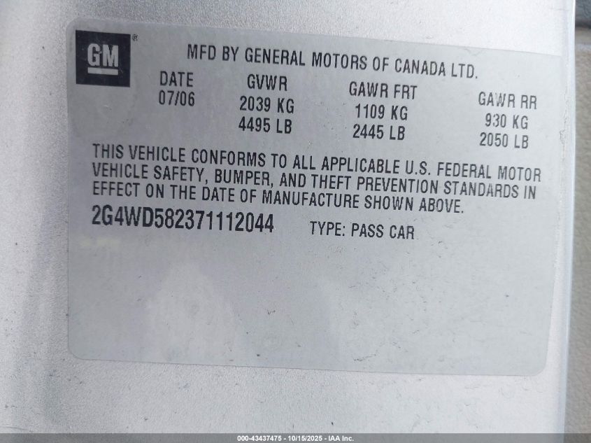 2007 Buick Lacrosse Cxl VIN: 2G4WD582371112044 Lot: 43437475