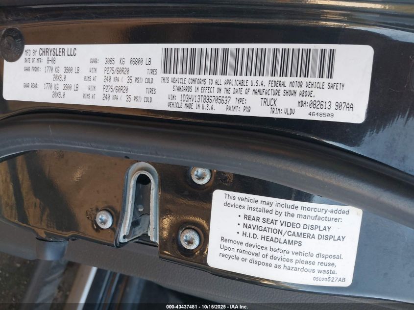 2009 Dodge Ram 1500 Laramie VIN: 1D3HV13T89S705637 Lot: 43437481