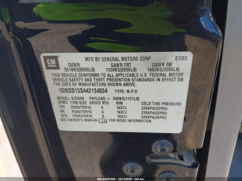 2004 Chevrolet Trailblazer Ls VIN: 1GNDS13S442134834 Lot: 43437485