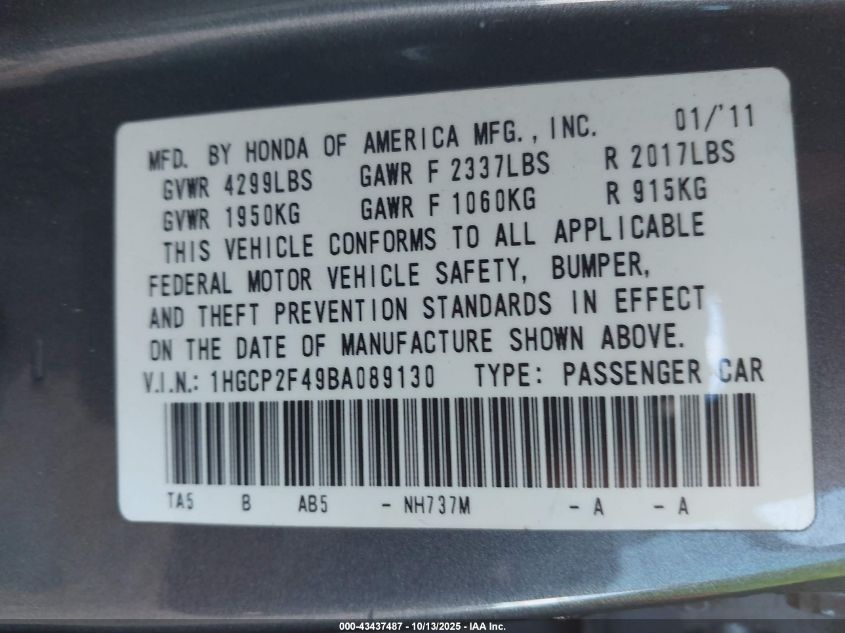2011 Honda Accord 2.4 Lx-P VIN: 1HGCP2F49BA089130 Lot: 43437487