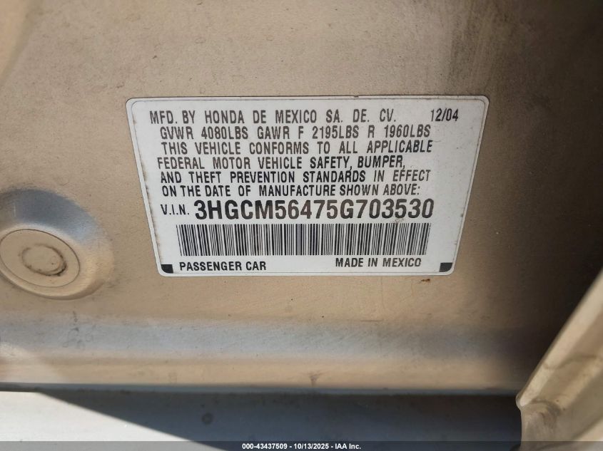 2005 Honda Accord 2.4 Lx VIN: 3HGCM56475G703530 Lot: 43437509