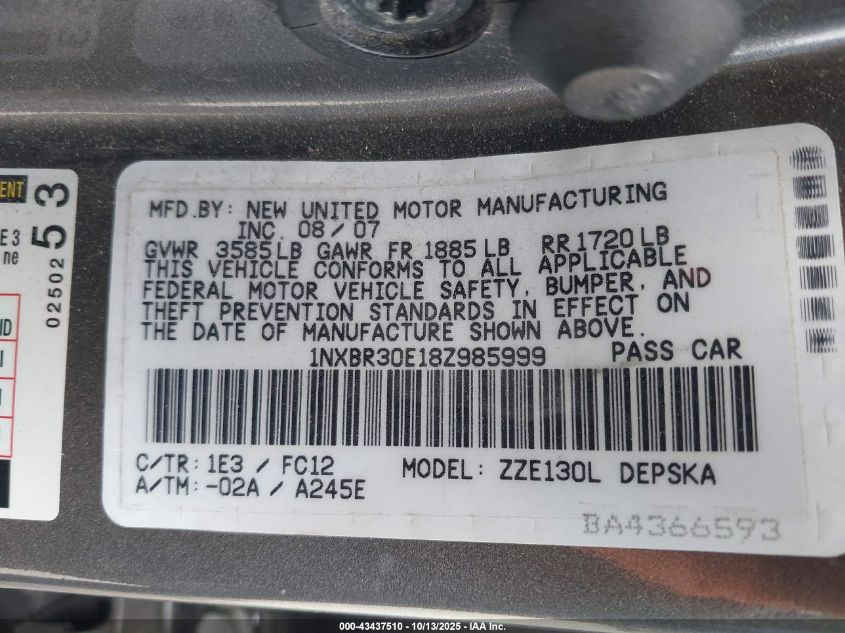 2008 Toyota Corolla S VIN: 1NXBR30E18Z985999 Lot: 43437510