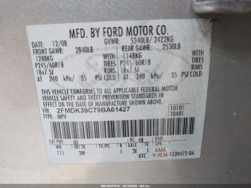 2009 Ford Edge Limited VIN: 2FMDK39C79BA61427 Lot: 43437518