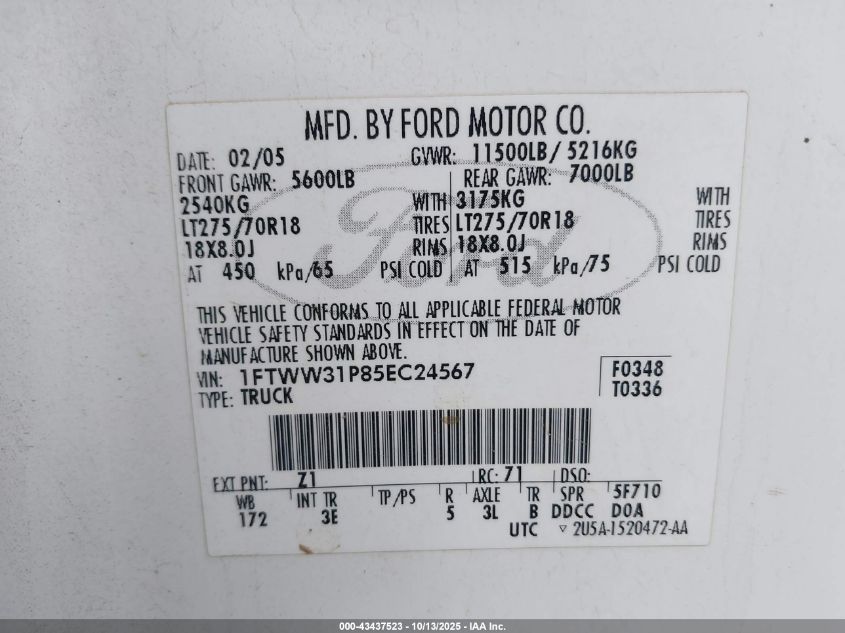 2005 Ford F-350 Lariat/Xl/Xlt VIN: 1FTWW31P85EC24567 Lot: 43437523