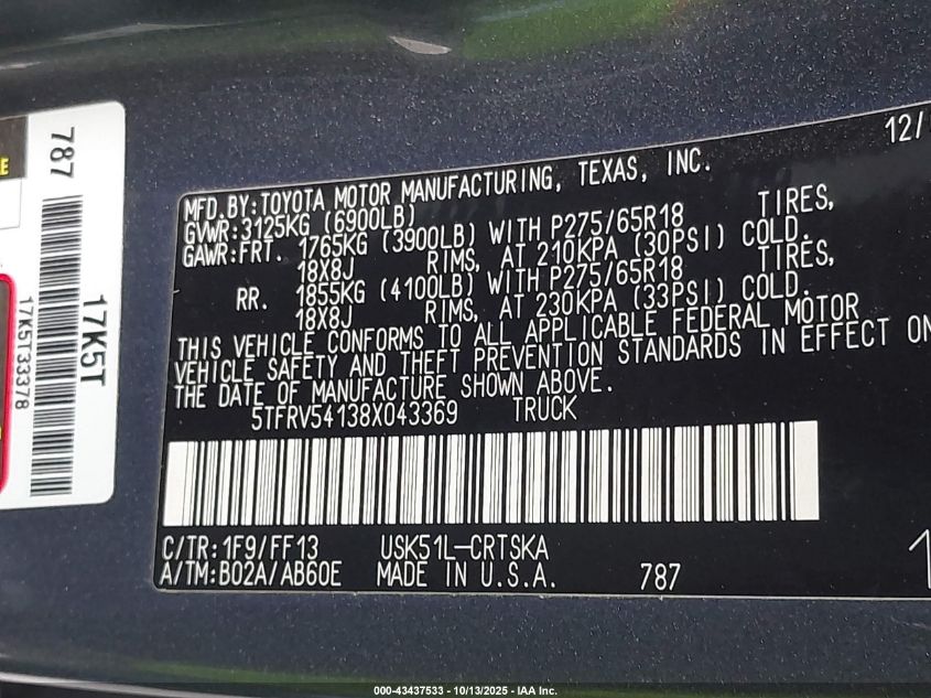 2008 Toyota Tundra Sr5 5.7L V8 VIN: 5TFRV54138X043369 Lot: 43437533