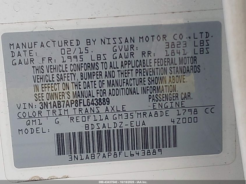 2015 Nissan Sentra Sv VIN: 3N1AB7AP8FL643889 Lot: 43437540