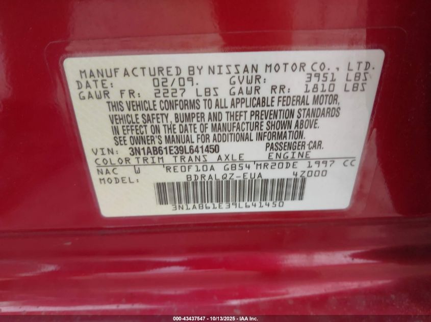 2009 Nissan Sentra 2.0 VIN: 3N1AB61E39L641450 Lot: 43437547