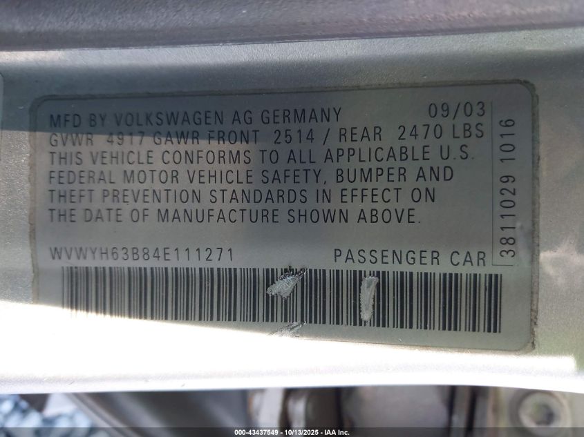 2004 Volkswagen Passat Glx VIN: WVWYH63B84E111271 Lot: 43437549