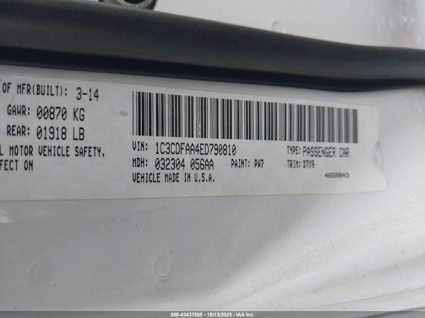2014 Dodge Dart Se VIN: 1C3CDFAA4ED790810 Lot: 43437555