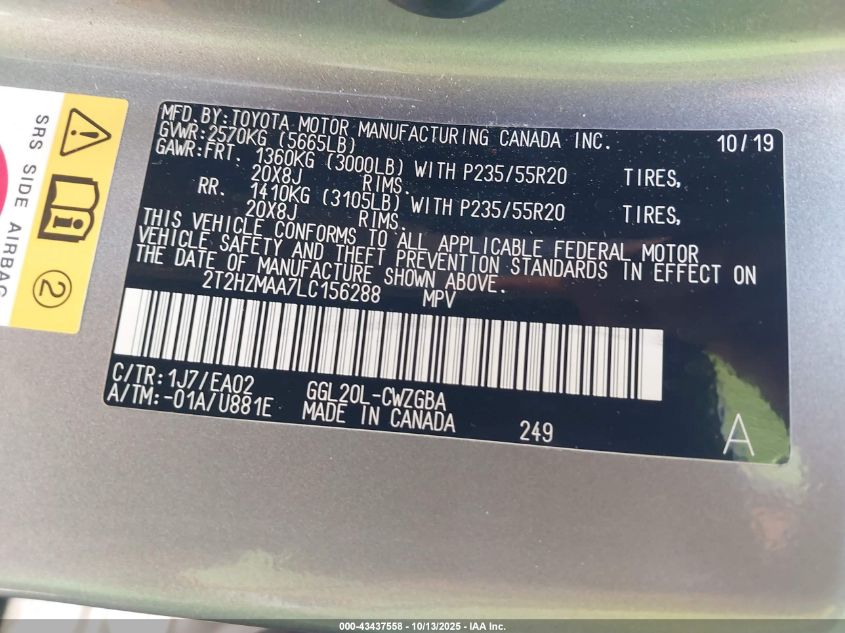 2020 Lexus Rx 350 VIN: 2T2HZMAA7LC156288 Lot: 43437558