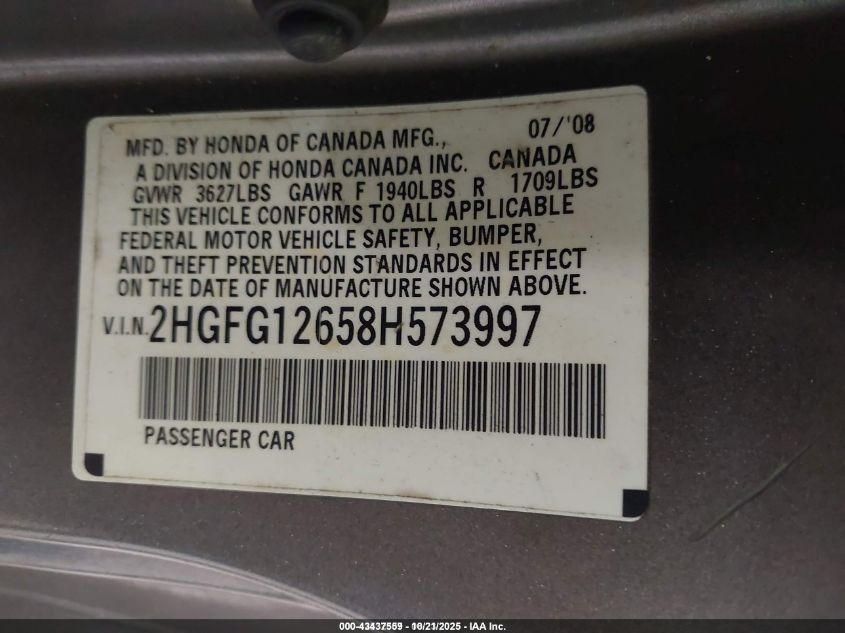 2008 Honda Civic Lx VIN: 2HGFG12658H573997 Lot: 43437559