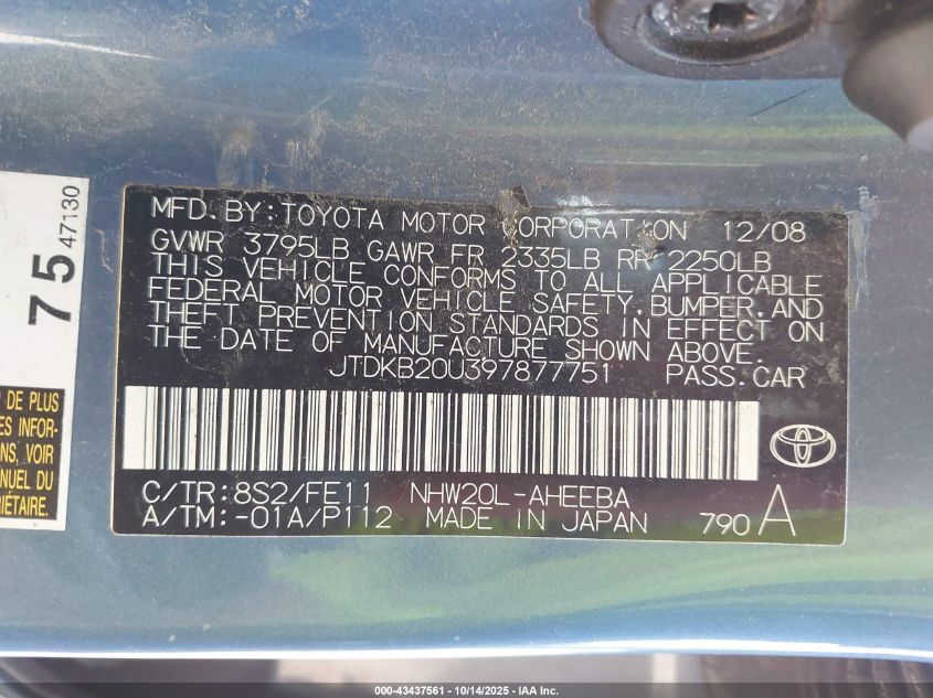 2009 Toyota Prius VIN: JTDKB20U397877751 Lot: 43437561