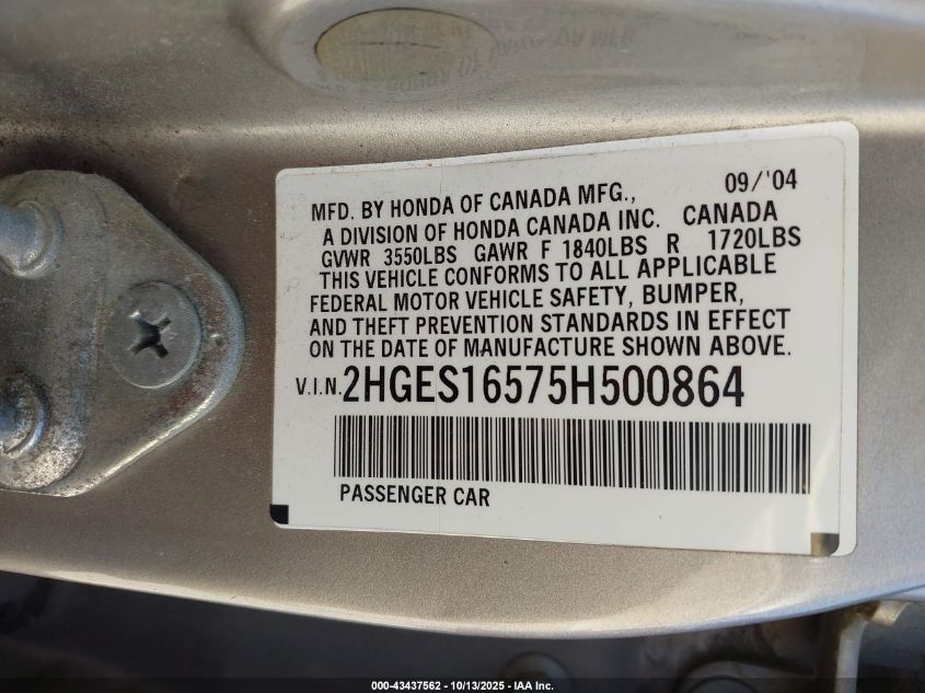 2005 Honda Civic Lx VIN: 2HGES16575H500864 Lot: 43437562