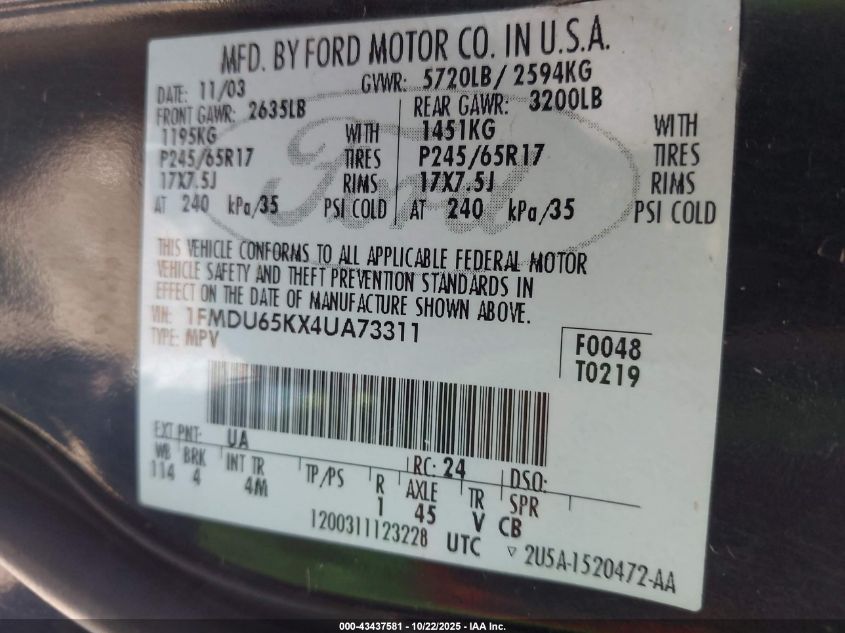 2004 Ford Explorer Limited VIN: 1FMDU65KX4UA73311 Lot: 43437581