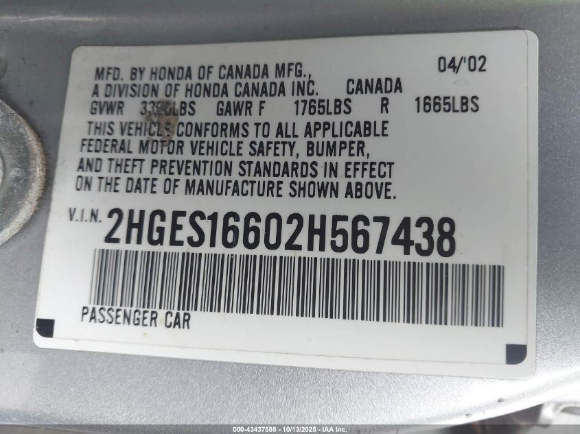 2002 Honda Civic Lx VIN: 2HGES16602H567438 Lot: 43437588
