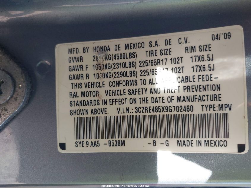 2009 Honda Cr-V Ex VIN: 3CZRE485X9G702460 Lot: 43437598