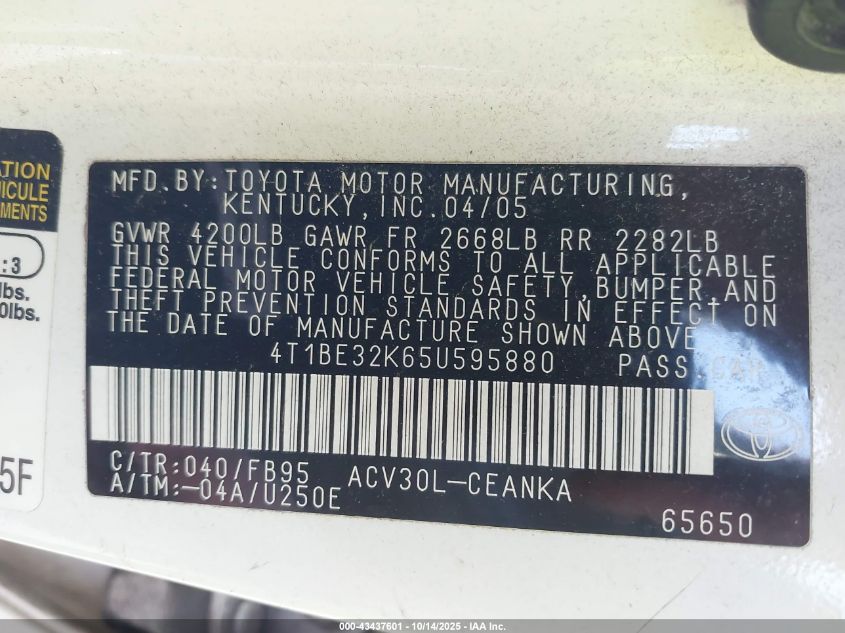 2005 Toyota Camry Le VIN: 4T1BE32K65U595880 Lot: 43437601