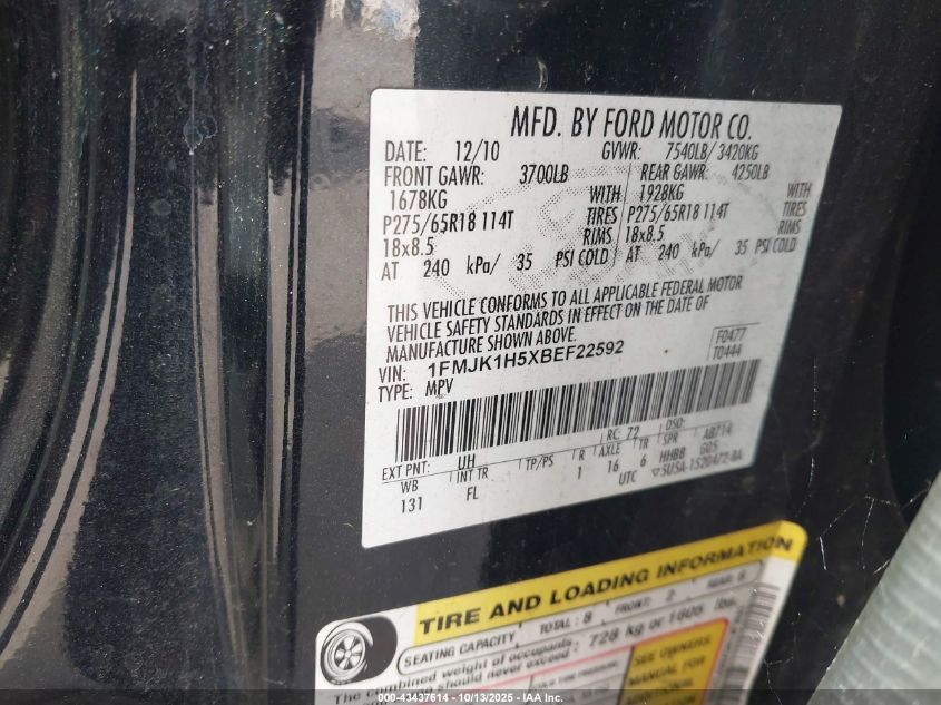 2011 Ford Expedition El Xlt VIN: 1FMJK1H5XBEF22592 Lot: 43437614