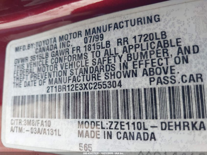 1999 Toyota Corolla Ve VIN: 2T1BR12E3XC255304 Lot: 43437626
