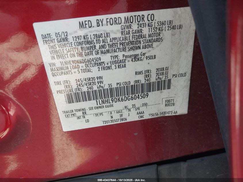 2013 Lincoln Mks VIN: 1LNHL9DK6DG604509 Lot: 43437644