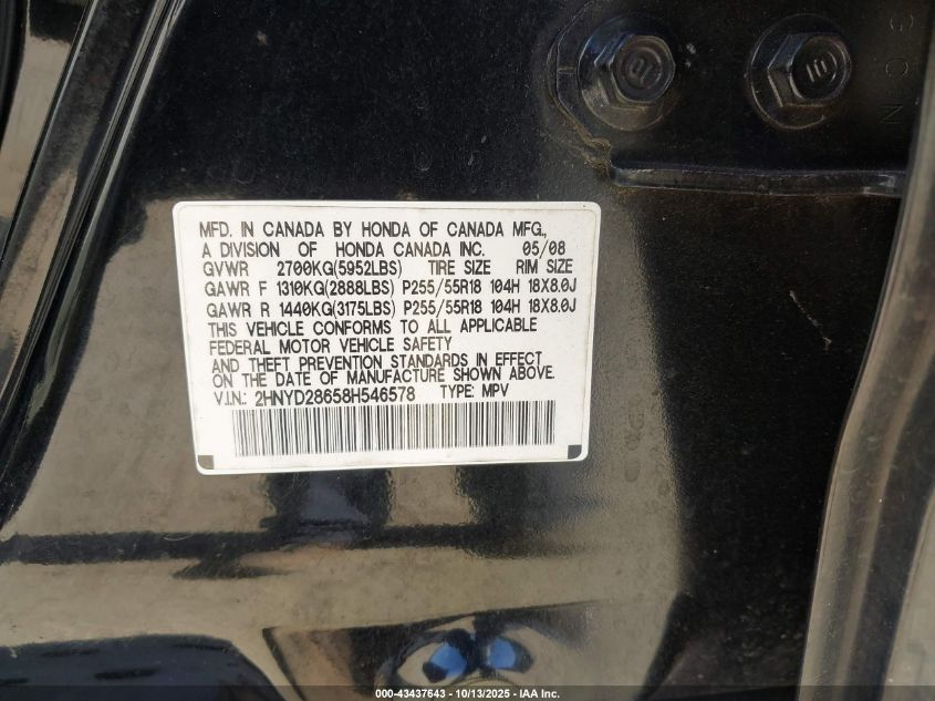 2008 Acura Mdx Technology Package VIN: 2HNYD28658H546578 Lot: 43437643
