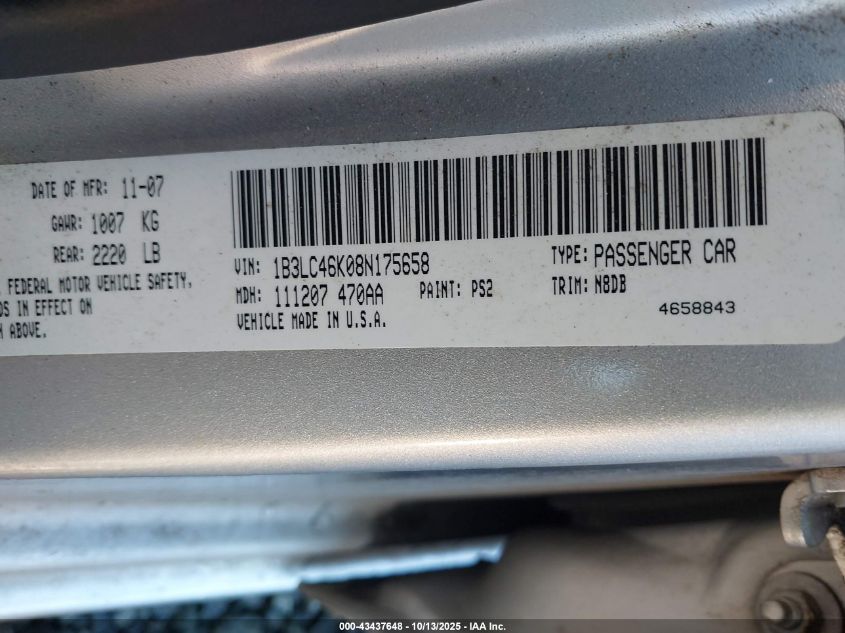 2008 Dodge Avenger Se VIN: 1B3LC46K08N175658 Lot: 43437648