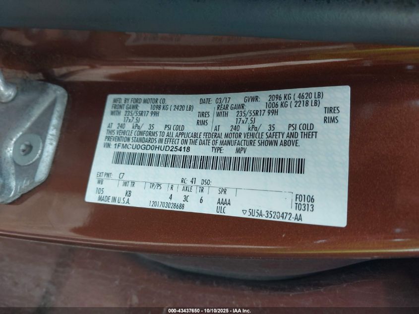 2017 Ford Escape Se VIN: 1FMCU0GD0HUD25418 Lot: 43437650