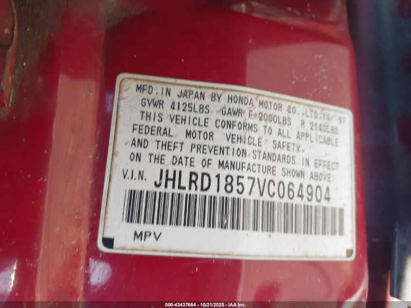 1997 Honda Cr-V VIN: JHLRD1857VC064904 Lot: 43437664