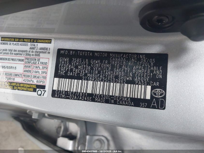 2005 Toyota Corolla Le VIN: 2T1BR30E25C503862 Lot: 43437669