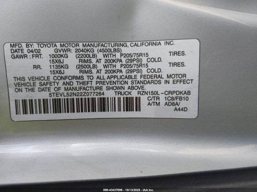 2002 Toyota Tacoma VIN: 5TEVL52N22Z077264 Lot: 43437696