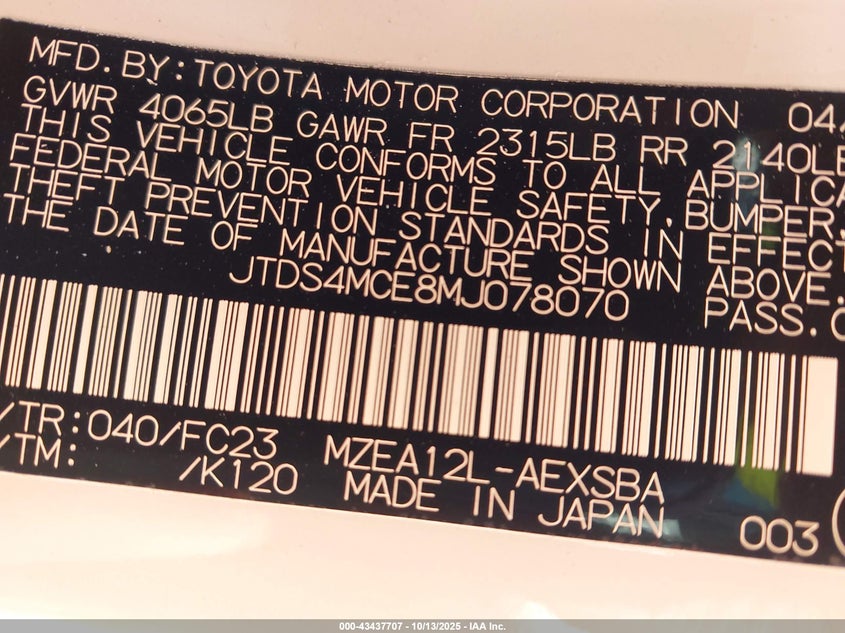 2021 Toyota Corolla Se VIN: JTDS4MCE8MJ078070 Lot: 43437707