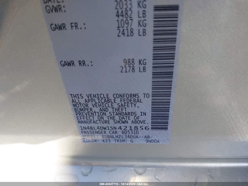 2025 Nissan Altima Sv Awd VIN: 1N4BL4DW1SN421856 Lot: 43437710