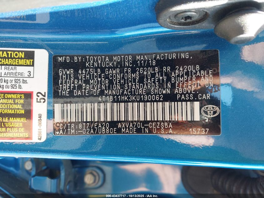 2019 Toyota Camry Se VIN: 4T1B11HK3KU190062 Lot: 43437717