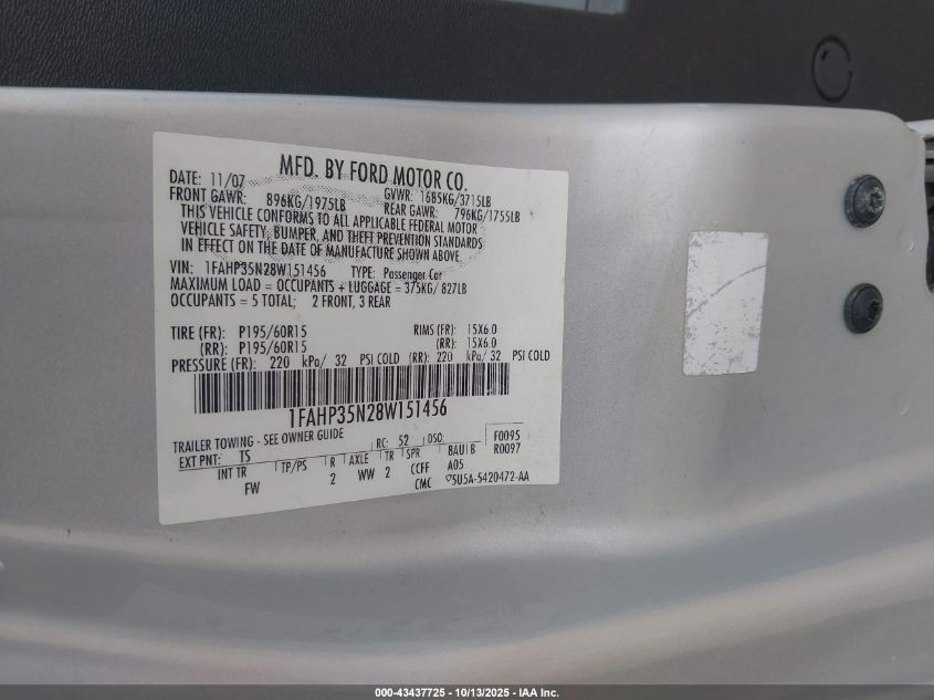 2008 Ford Focus Se/Ses VIN: 1FAHP35N28W151456 Lot: 43437725