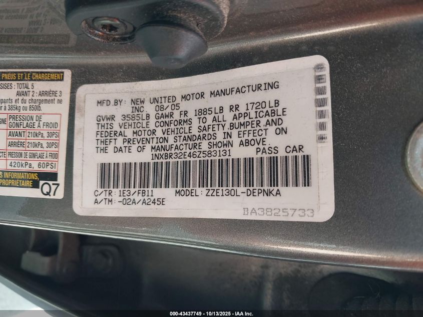 2006 Toyota Corolla Le VIN: 1NXBR32E46Z583131 Lot: 43437749