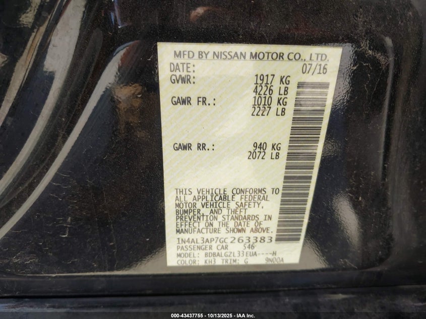 2016 NISSAN ALTIMA 2.5 S 1N4AL3AP7GC263383