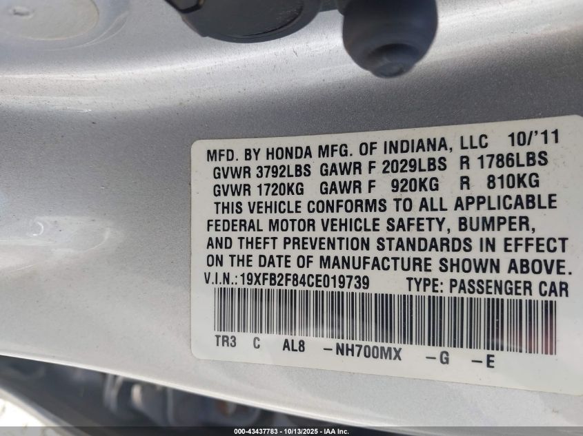 2012 Honda Civic Ex VIN: 19XFB2F84CE019739 Lot: 43437783