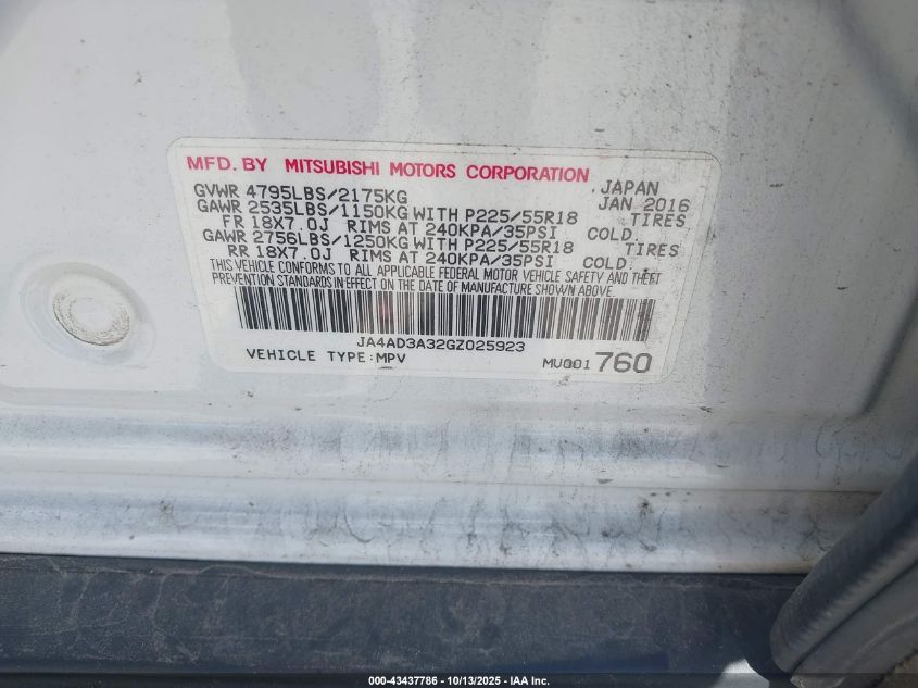 2016 Mitsubishi Outlander Se VIN: JA4AD3A32GZ025923 Lot: 43437786