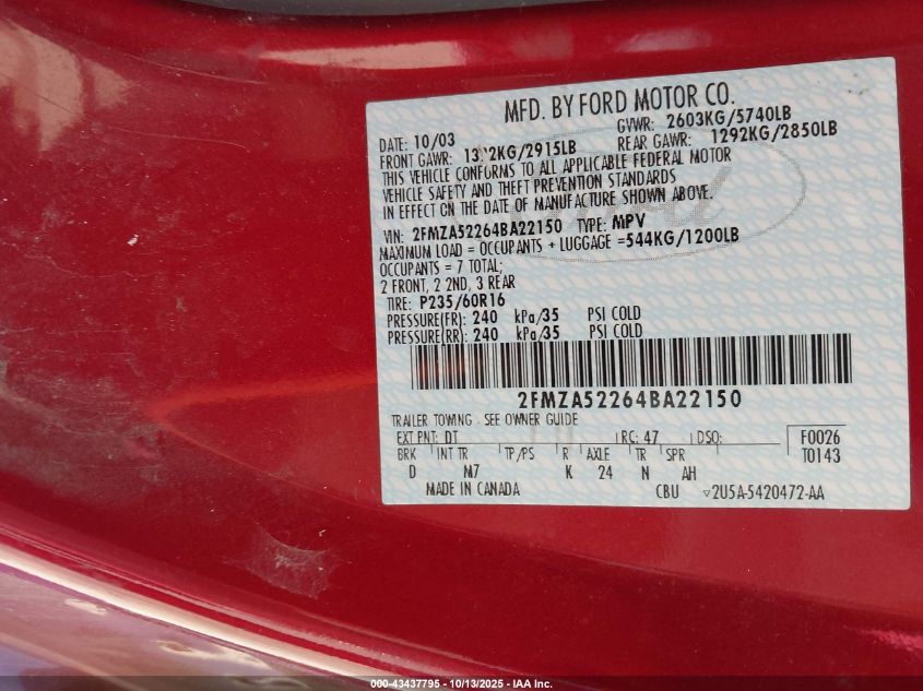 2004 Ford Freestar Sel VIN: 2FMZA52264BA22150 Lot: 43437795