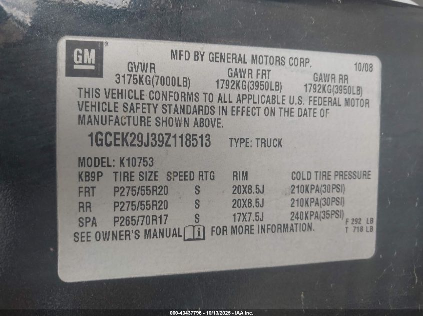 2009 Chevrolet Silverado 1500 Lt VIN: 1GCEK29J39Z118513 Lot: 43437796