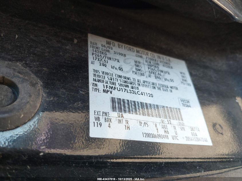 2003 Ford Expedition Eddie Bauer VIN: 1FMFU17L33LC41120 Lot: 43437816