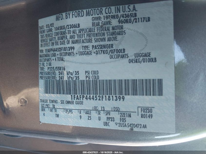 2002 Ford Mustang VIN: 1FAFP44452F181399 Lot: 43437821