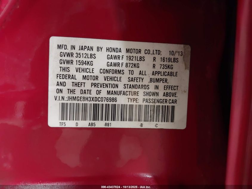 2013 Honda Fit VIN: JHMGE8H3XDC076986 Lot: 43437824