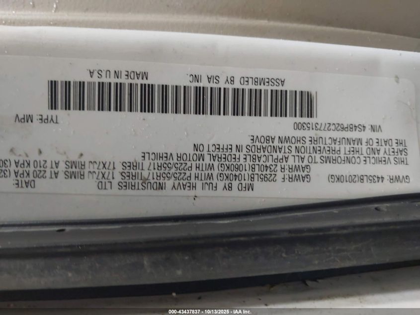 2007 Subaru Outback 2.5I Limited VIN: 4S4BP62C277315300 Lot: 43437837