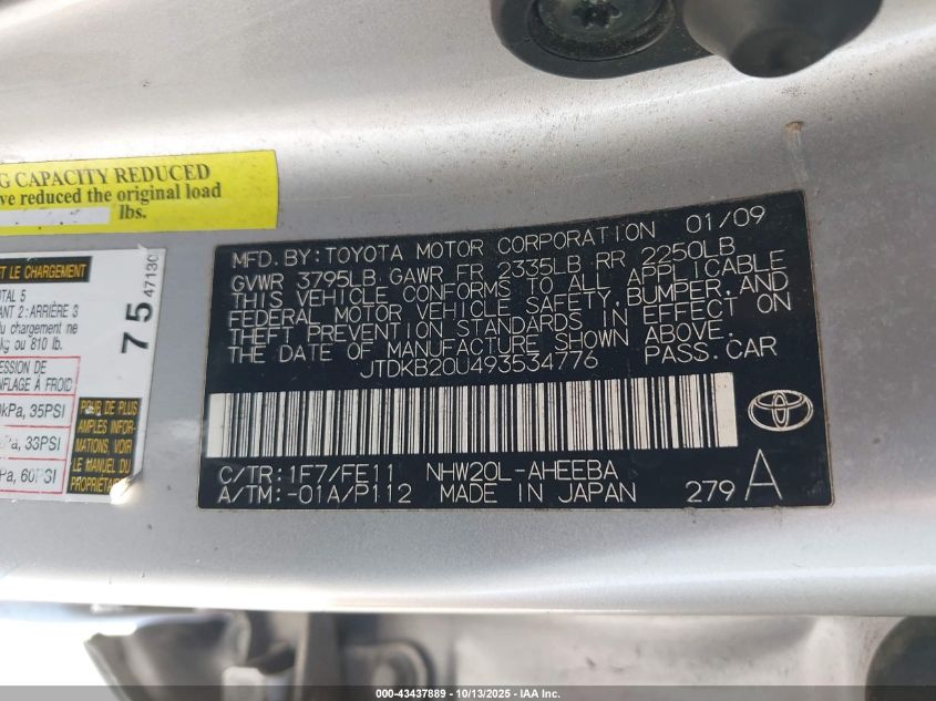 2009 Toyota Prius VIN: JTDKB20U493534776 Lot: 43437889