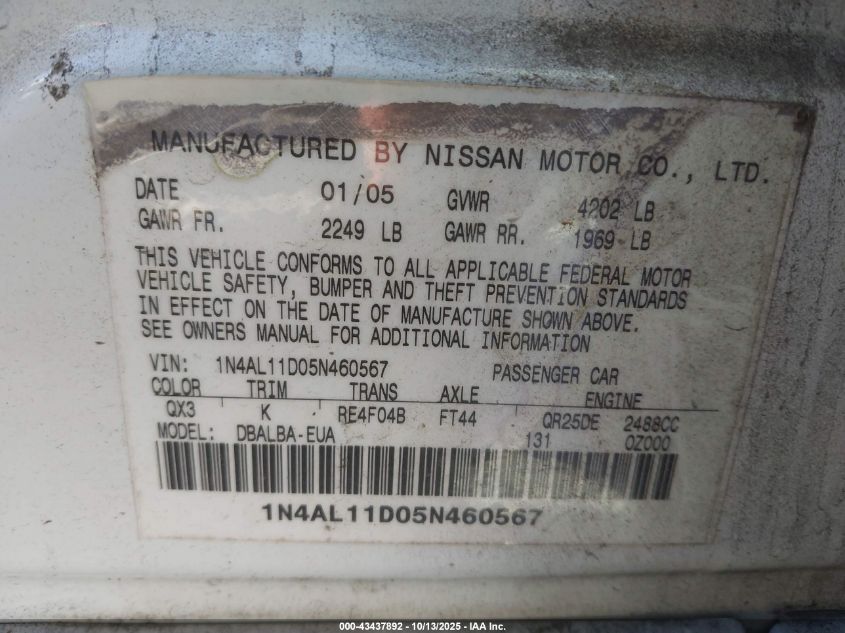2005 Nissan Altima 2.5 S VIN: 1N4AL11D05N460567 Lot: 43437892