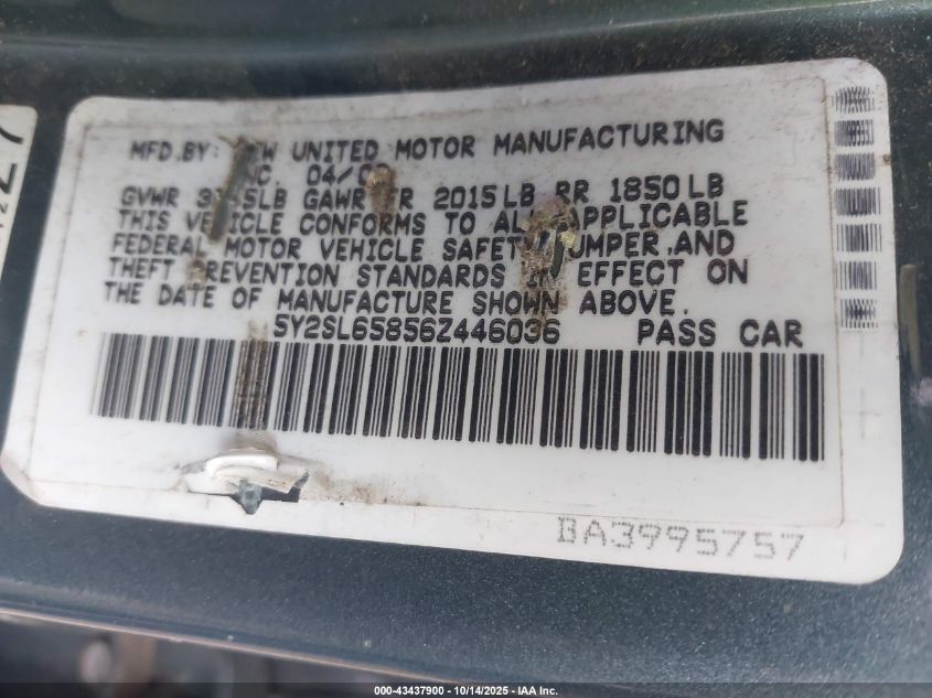 2006 Pontiac Vibe VIN: 5Y2SL65856Z446036 Lot: 43437900