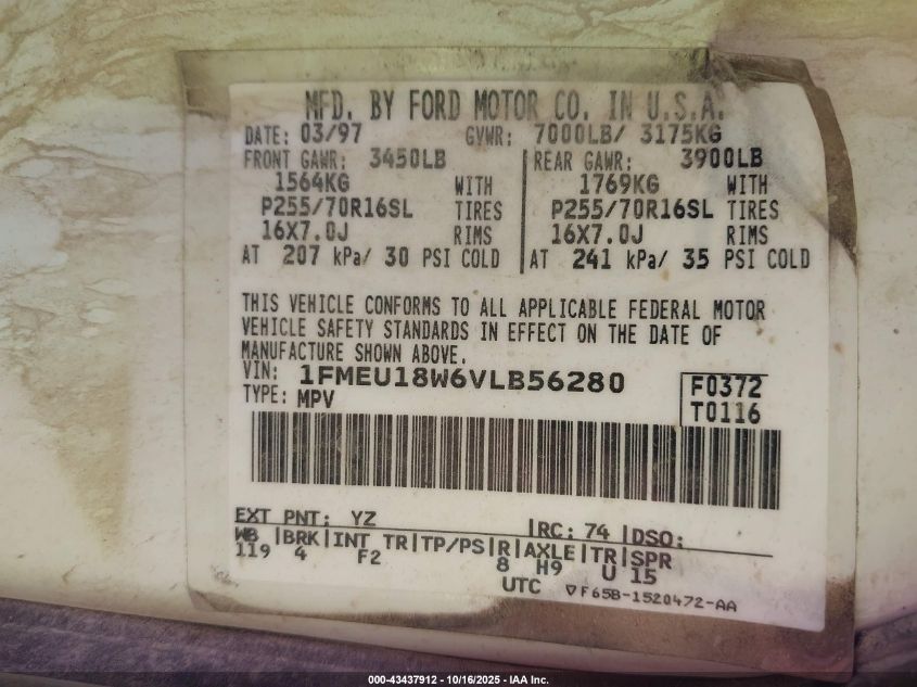 1997 Ford Expedition Eddie Bauer/Xlt VIN: 1FMEU18W6VLB56280 Lot: 43437912