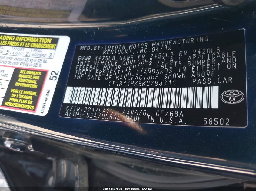 2019 Toyota Camry Xle VIN: 4T1B11HK8KU788311 Lot: 43437928