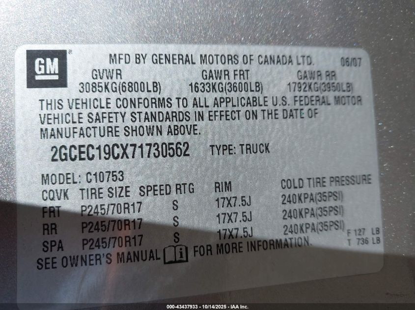 2007 Chevrolet Silverado 1500 Lt1 VIN: 2GCEC19CX71730562 Lot: 43437933